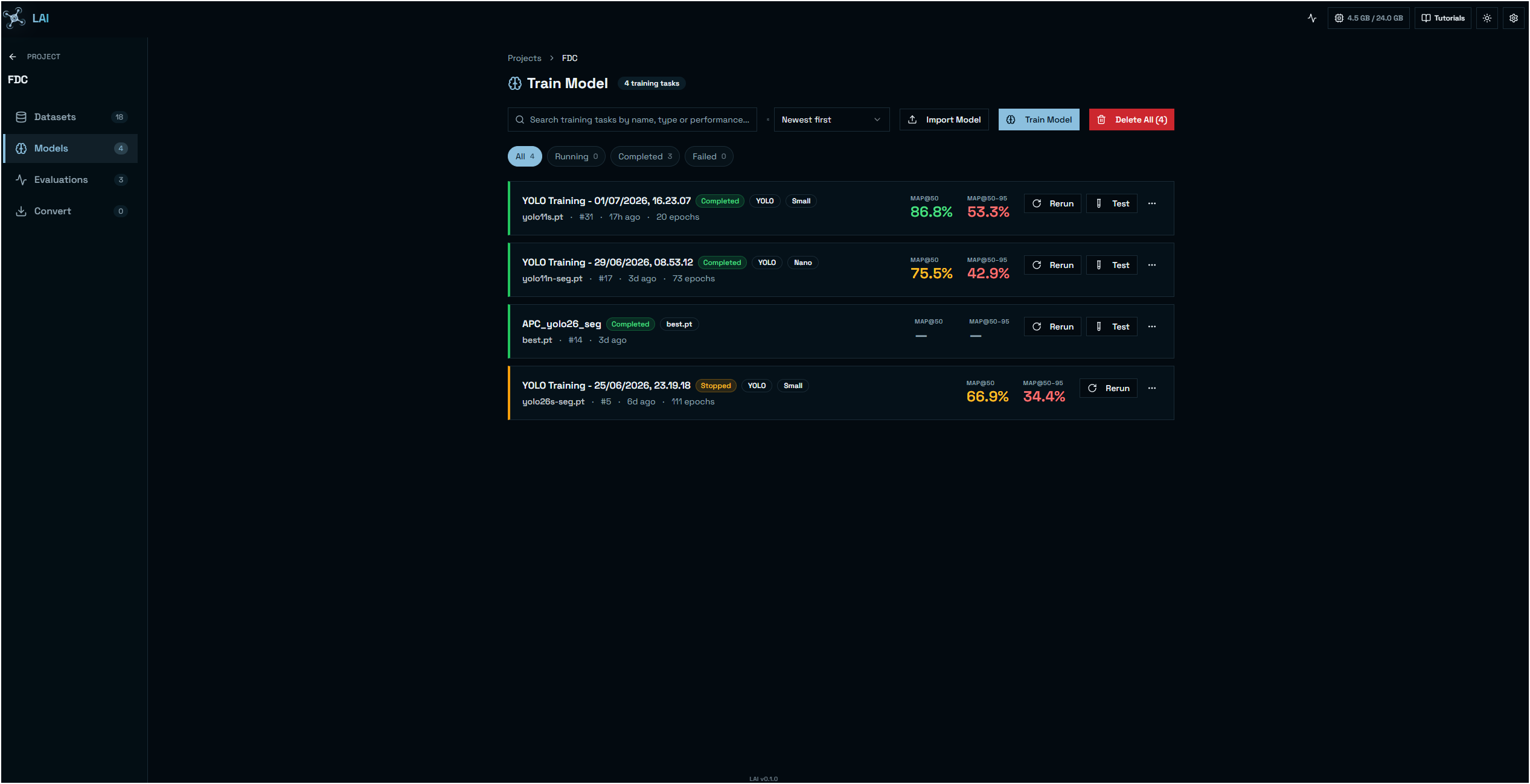 LAI model training dashboard