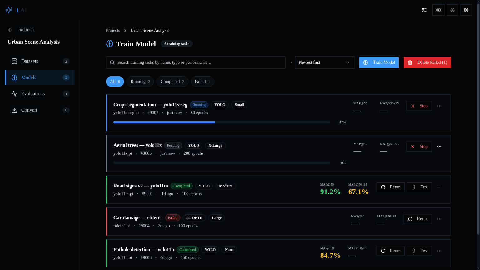 LAI model training dashboard